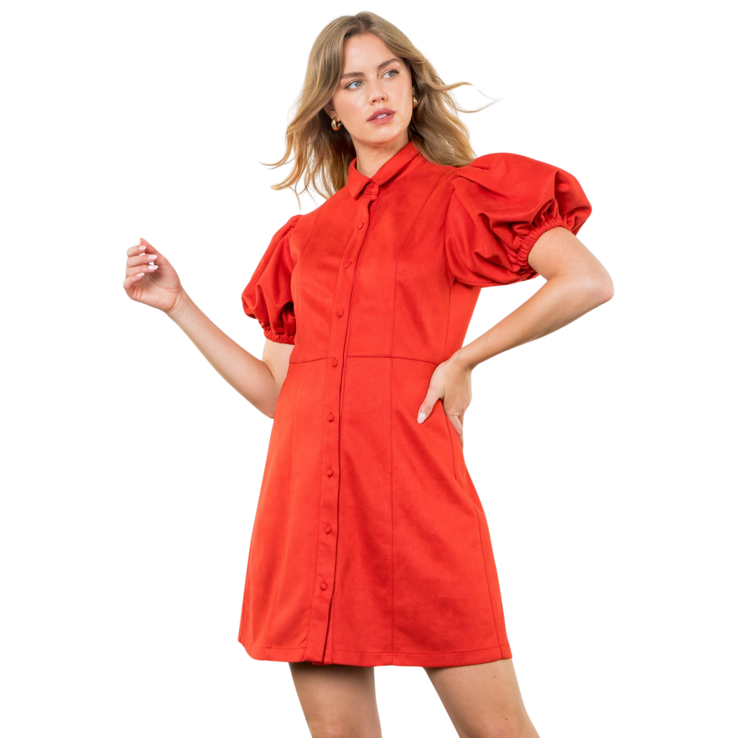 Puff Sleeve Suede Button Up Dress in Orange - Fairley Fancy