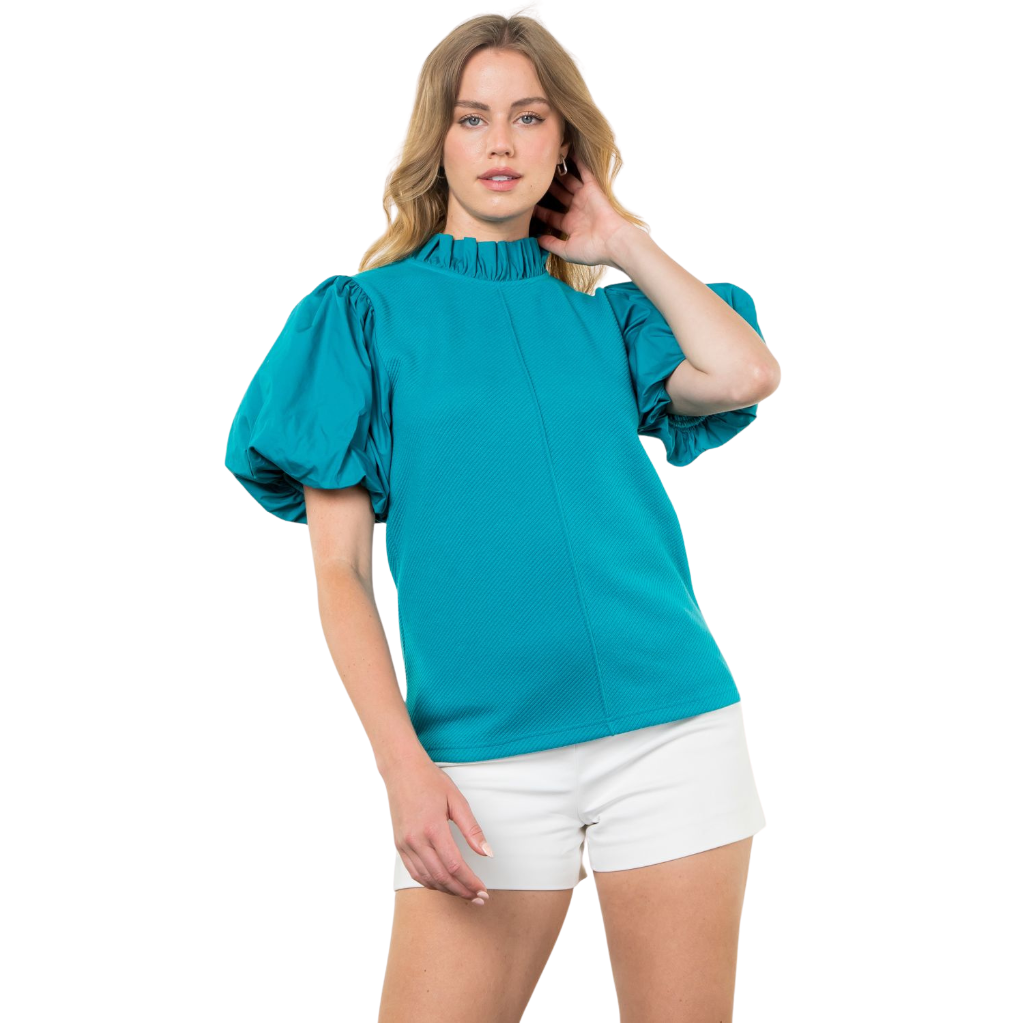 Mixed Media Puff Sleeve Top in Teal - Fairley Fancy