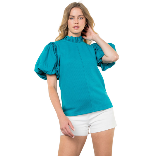 Mixed Media Puff Sleeve Top in Teal - Fairley Fancy