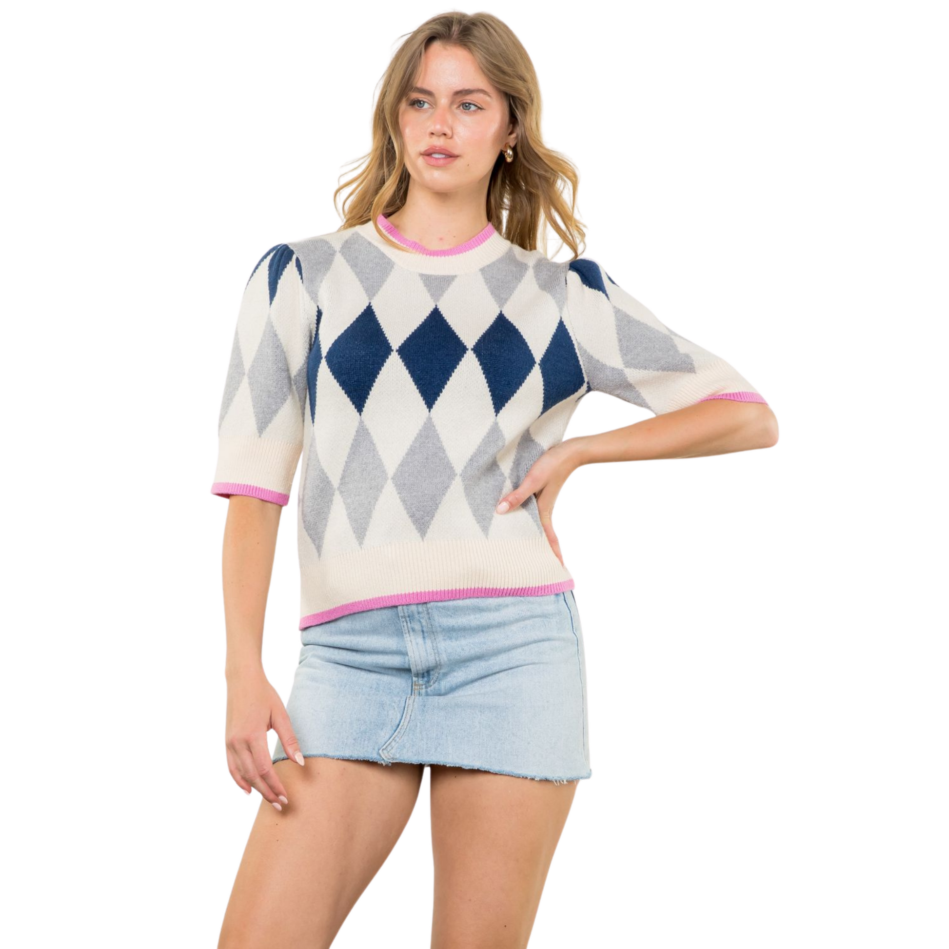 Short Sleeve Argyle Knit Top in Cream - Fairley Fancy