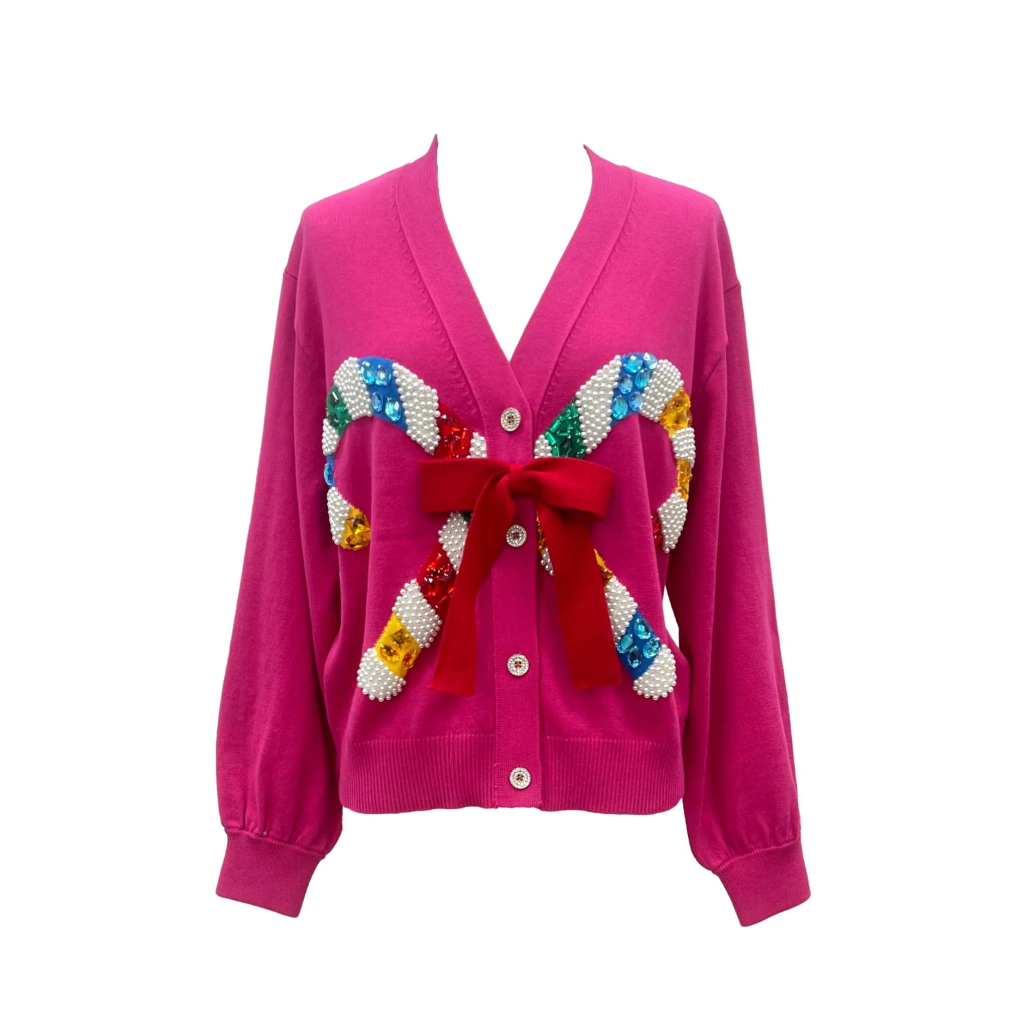 Pink Cardigan With Candy Cane And Bow - Fairley Fancy