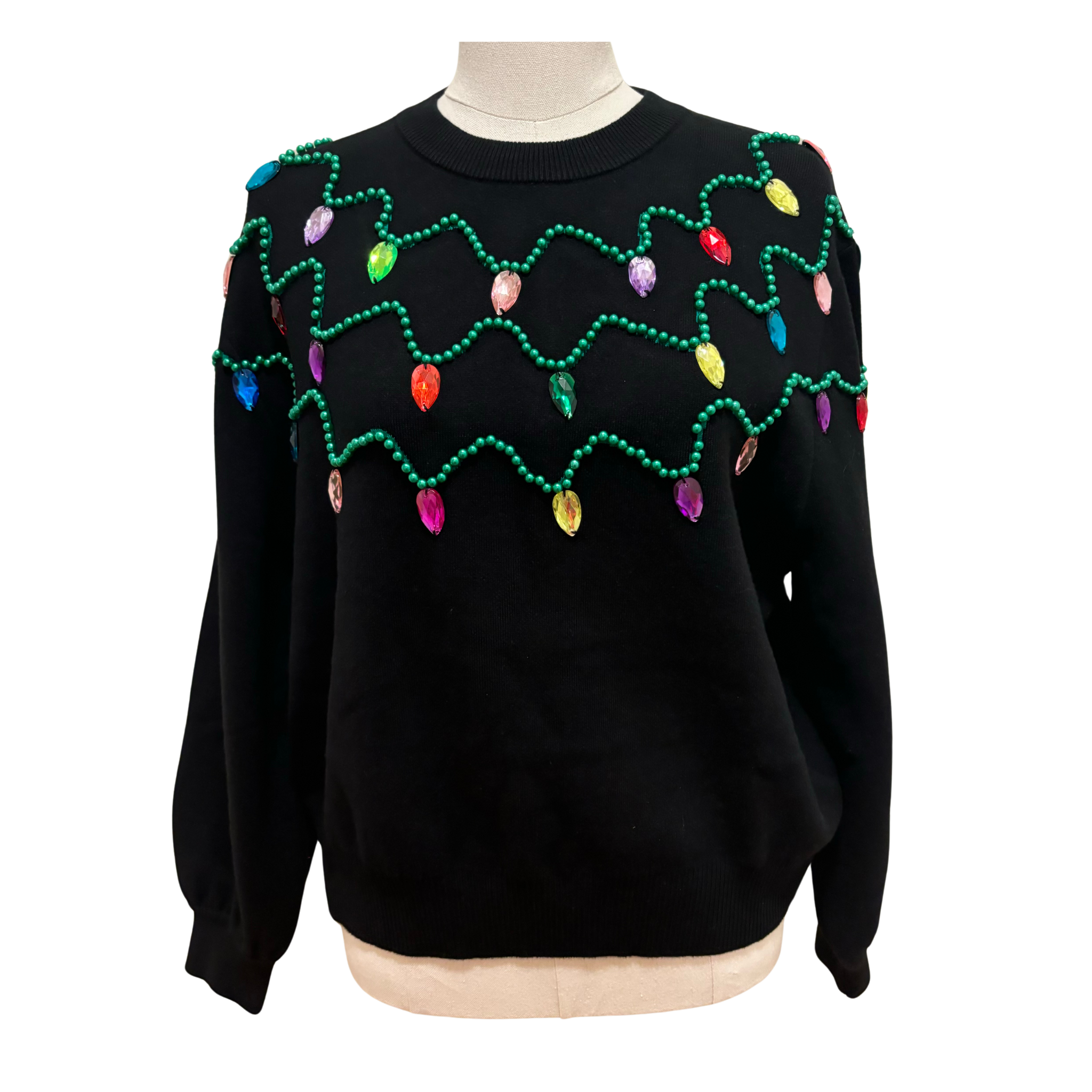 Black Multi Pearl & Jewel Christmas Light Sweater - Fairley Fancy