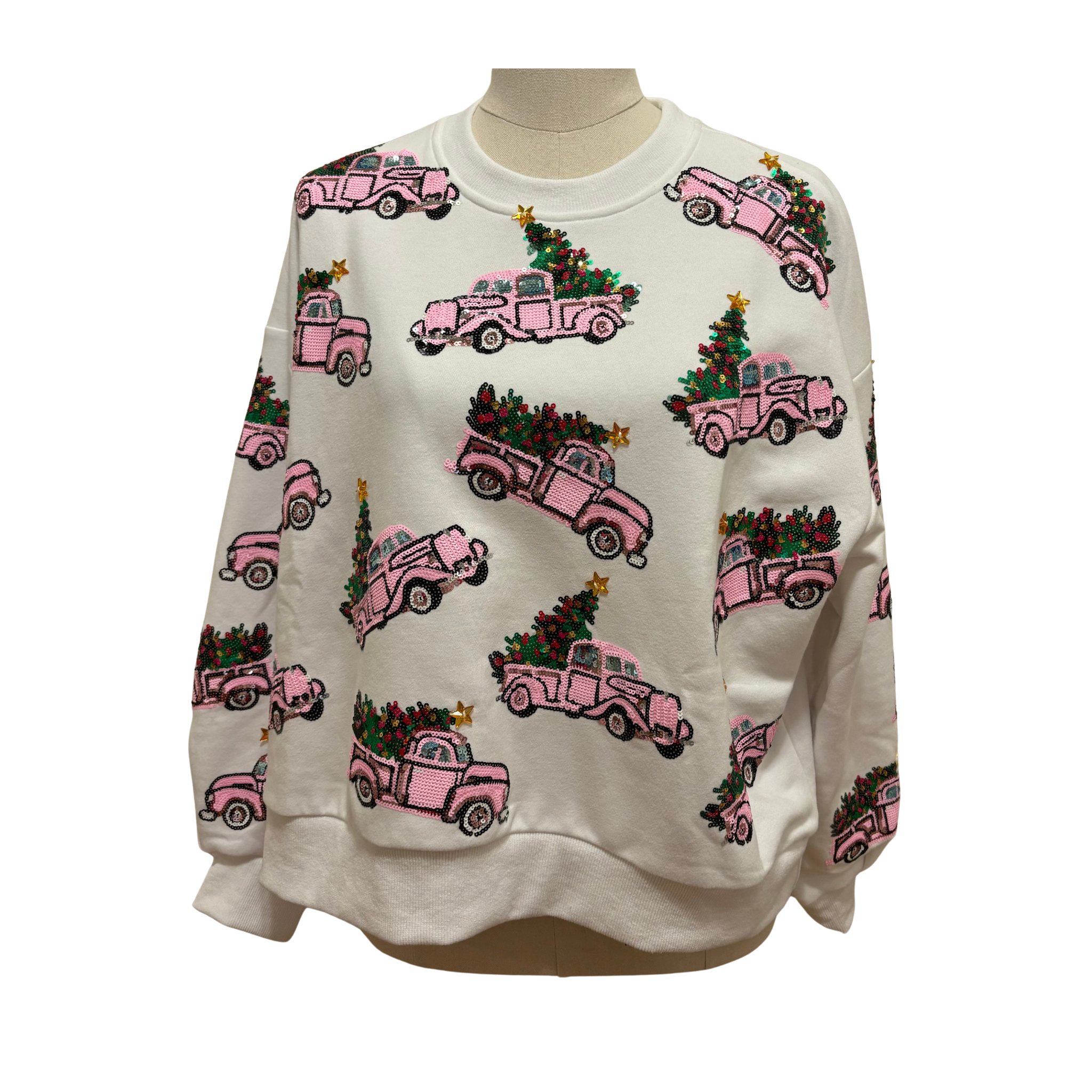 White Trucks With Christmas Trees Sweatshirt - Fairley Fancy