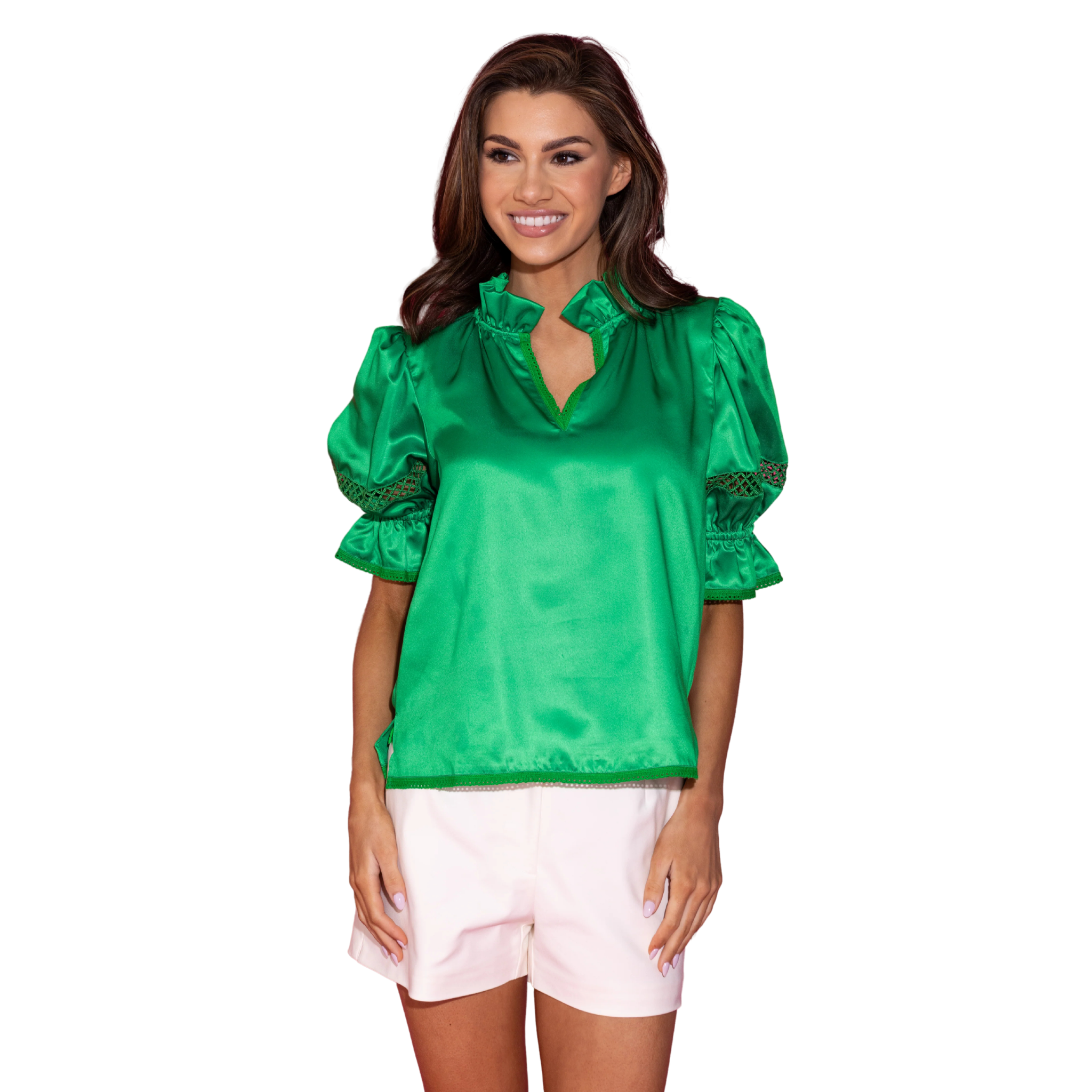 Lottie Top in Turf Front View with Model 