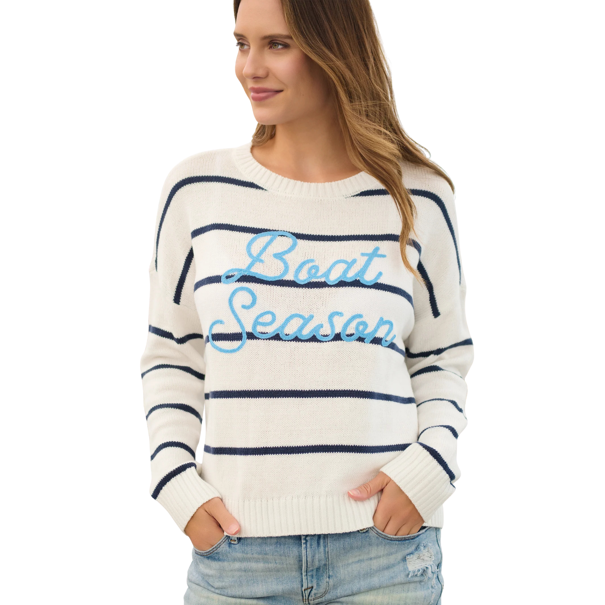 "Boat Season" Relaxed Fit Sweater in White Model View 