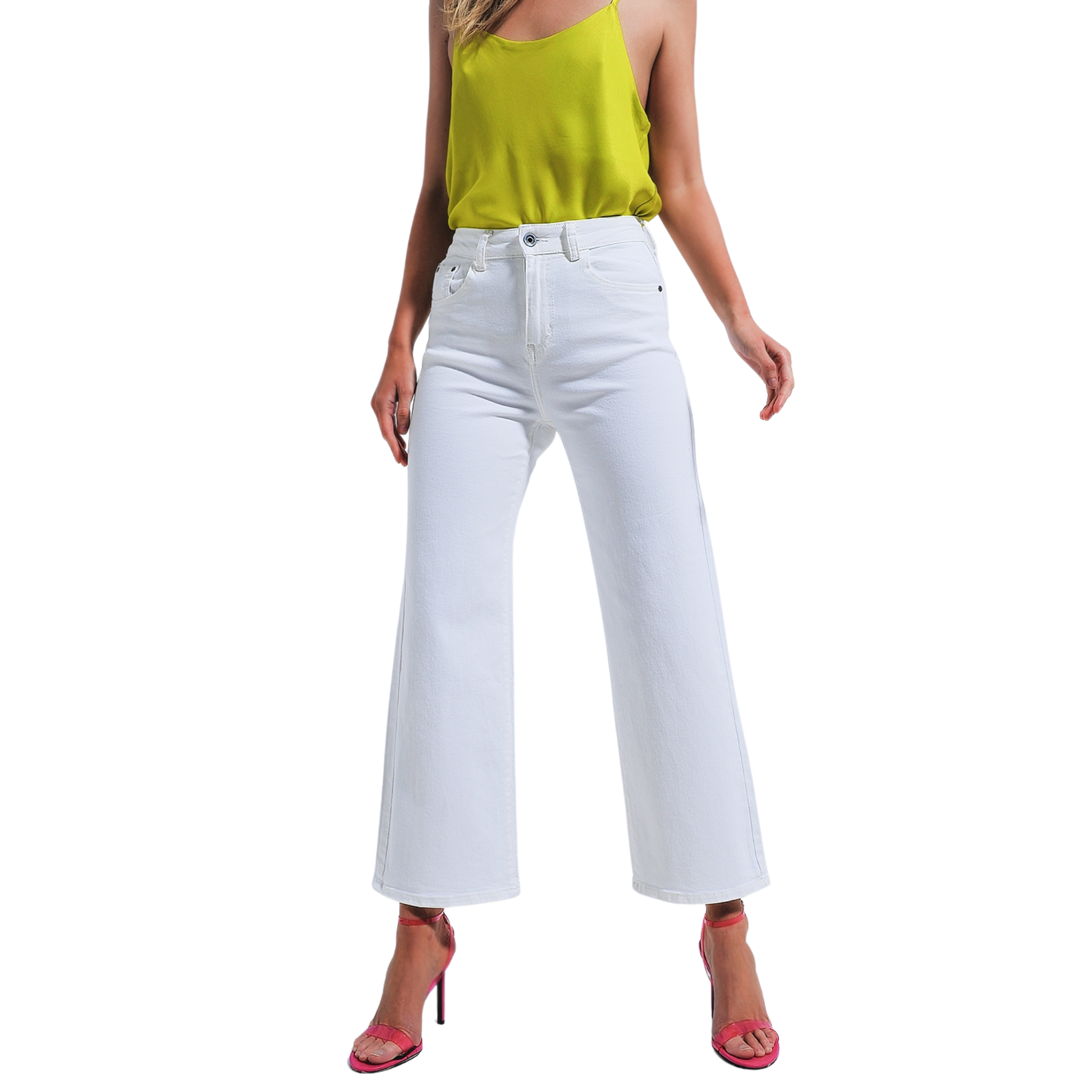 Wide Leg Jeans in White Front View 