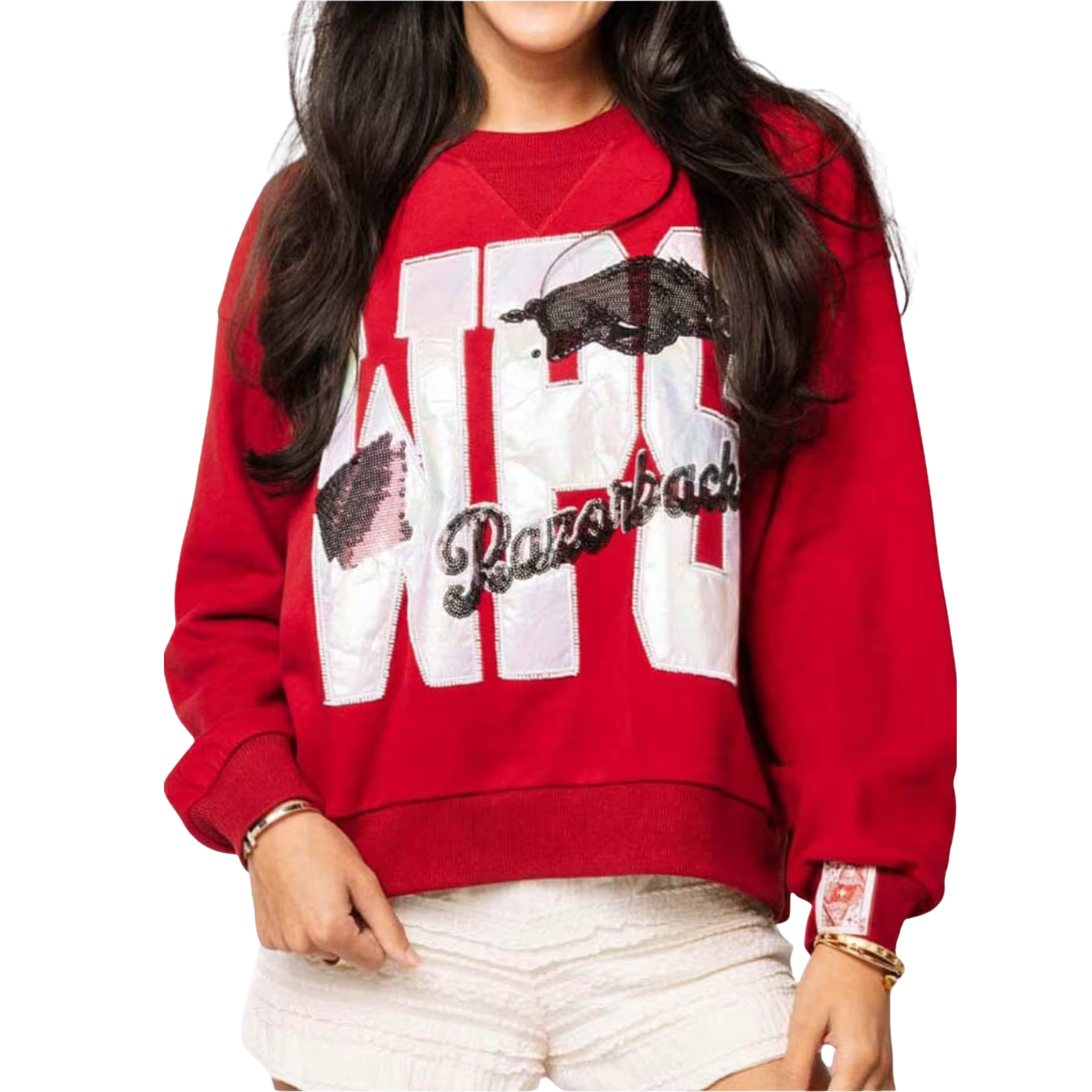 Arkansas Rhinestone Metallic Banner Sweatshirt Front View 