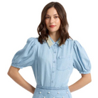 Pearl Embedded Short Sleeve Button Down Top - FAIRLEY FANCY