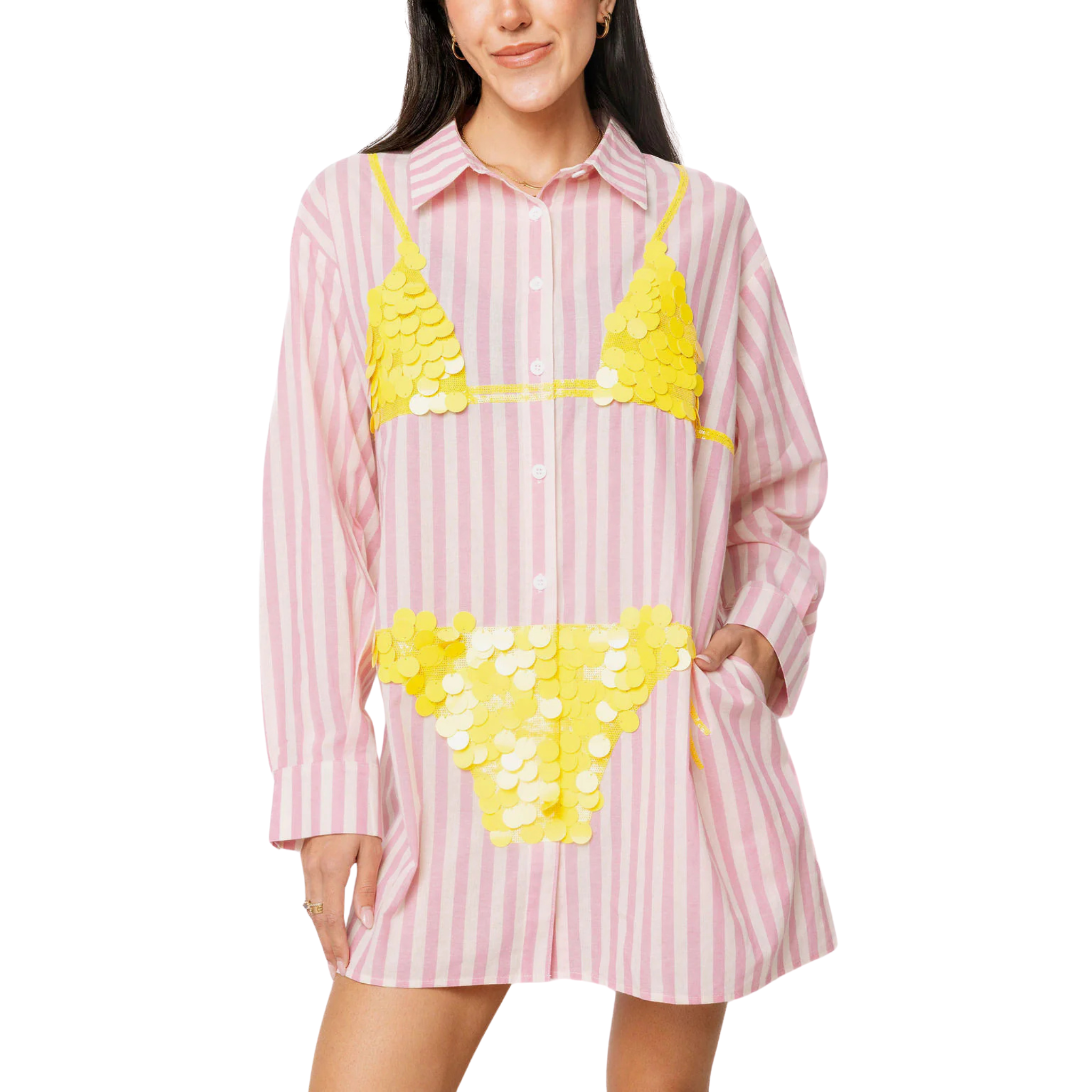 Pink Striped Yellow Paillette Bikini Tunic Front View 