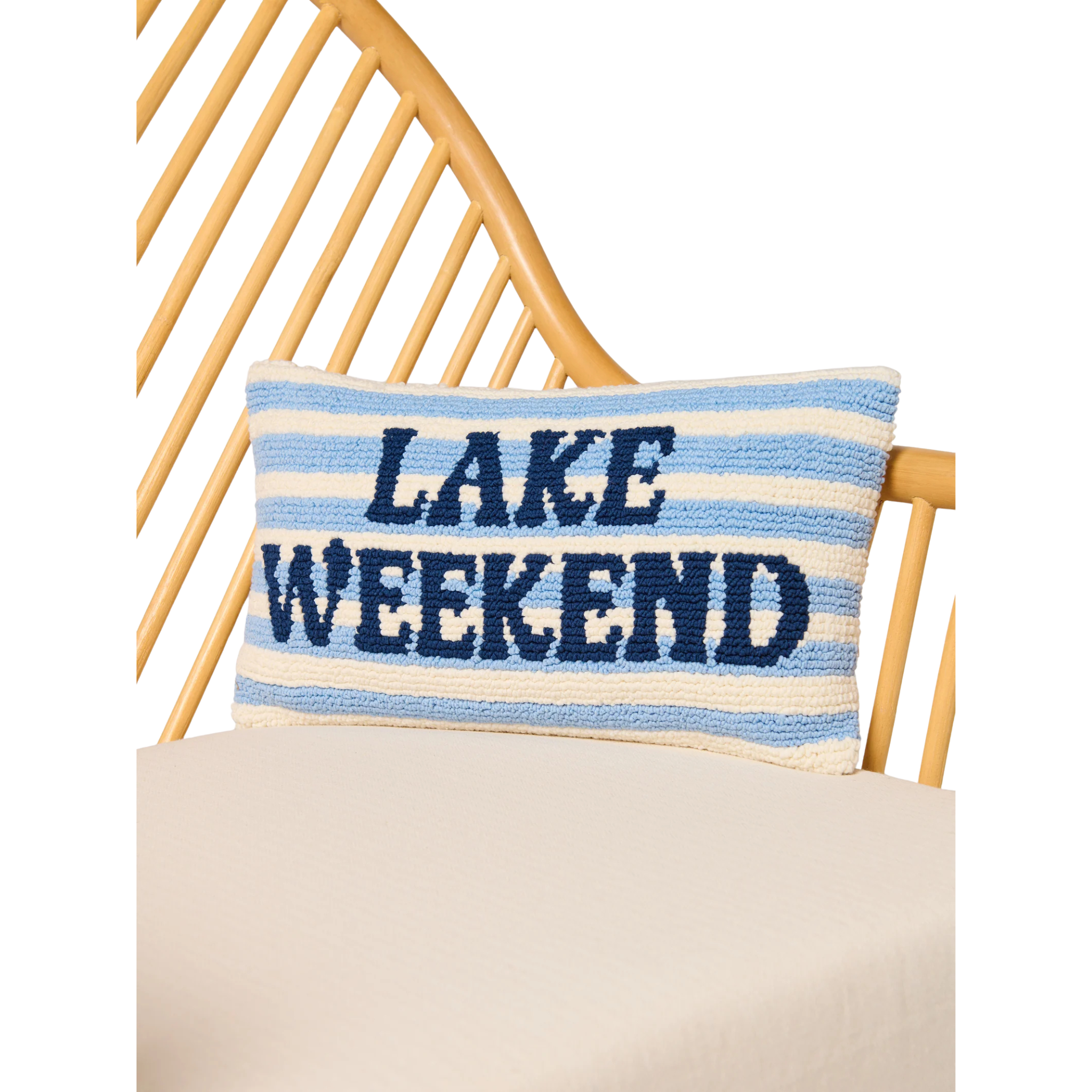 "Lake Weekend" Pillow in Blue Front View on Couch 