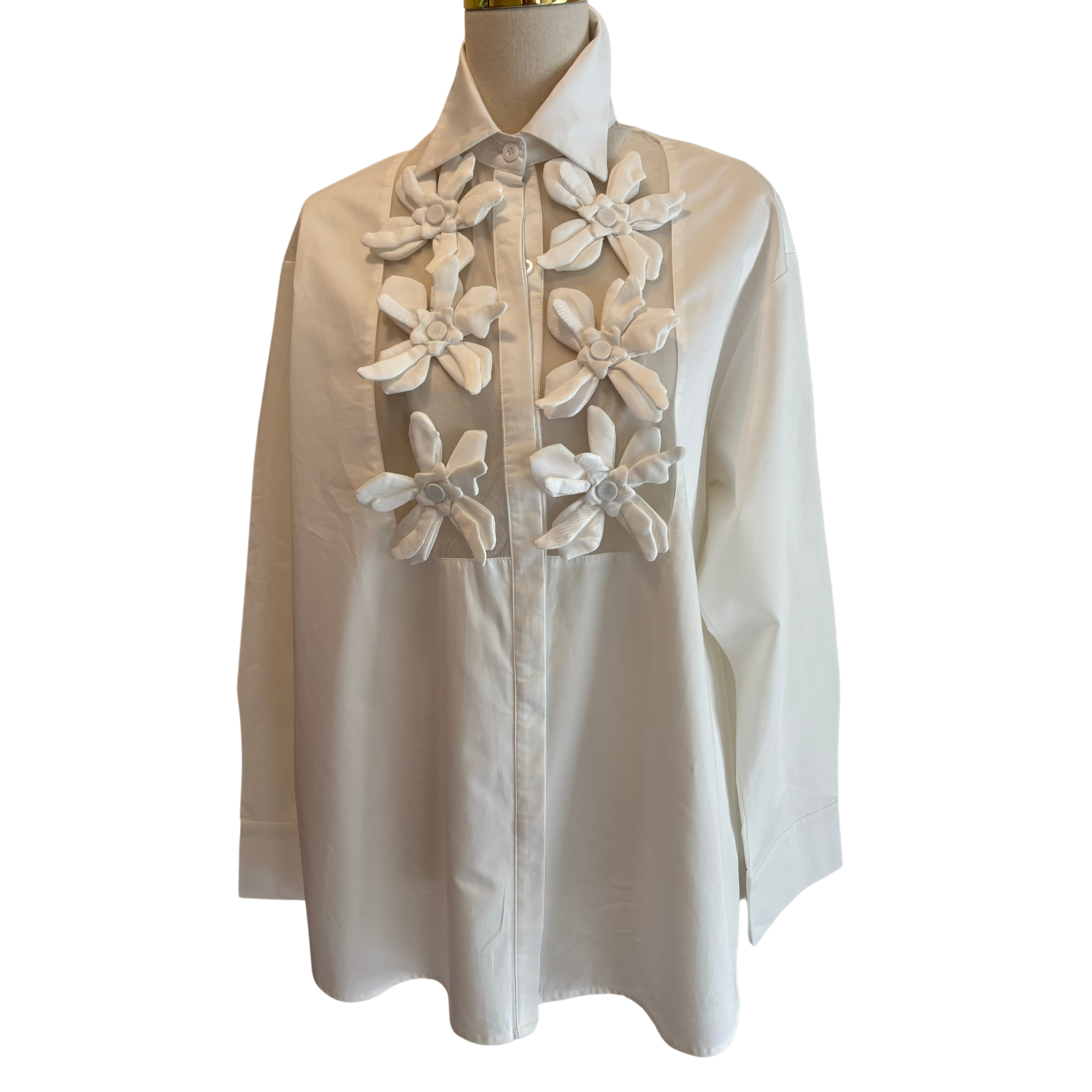 Applique Blouse with Sheer Mesh Front in White - Fairley Fancy