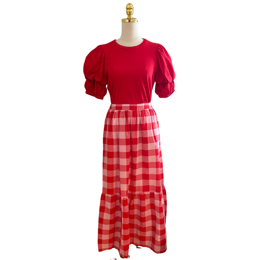 Gingham Midi Skirt in Pink and Red - Fairley fancy