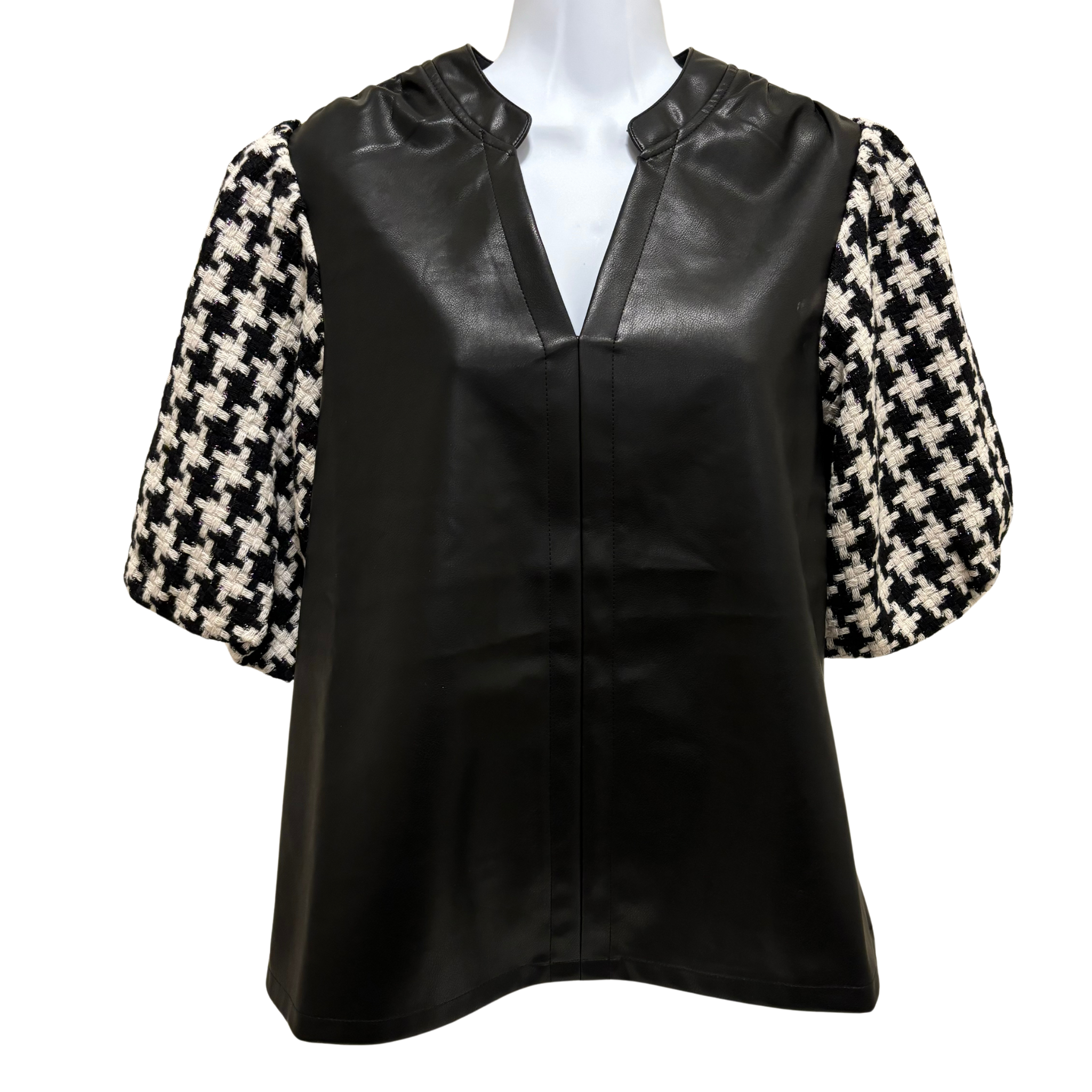 Pleather Top with Houndstooth Sleeve - Fairley Fancy