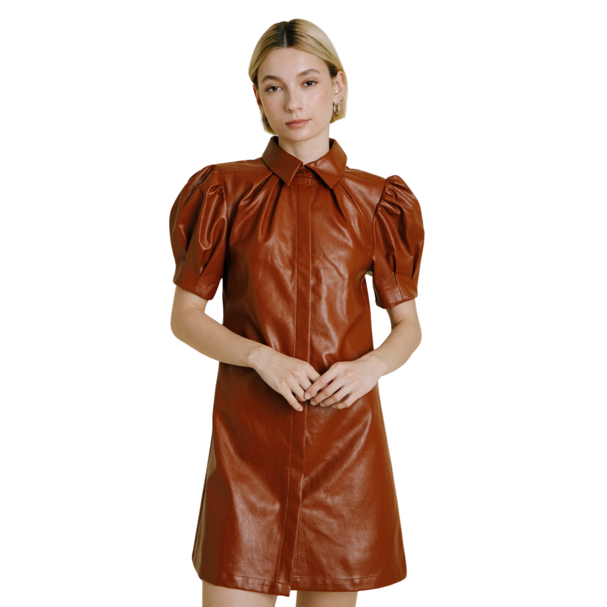 Vegan Leather Mini Dress in Cognac - Fairley Fancy