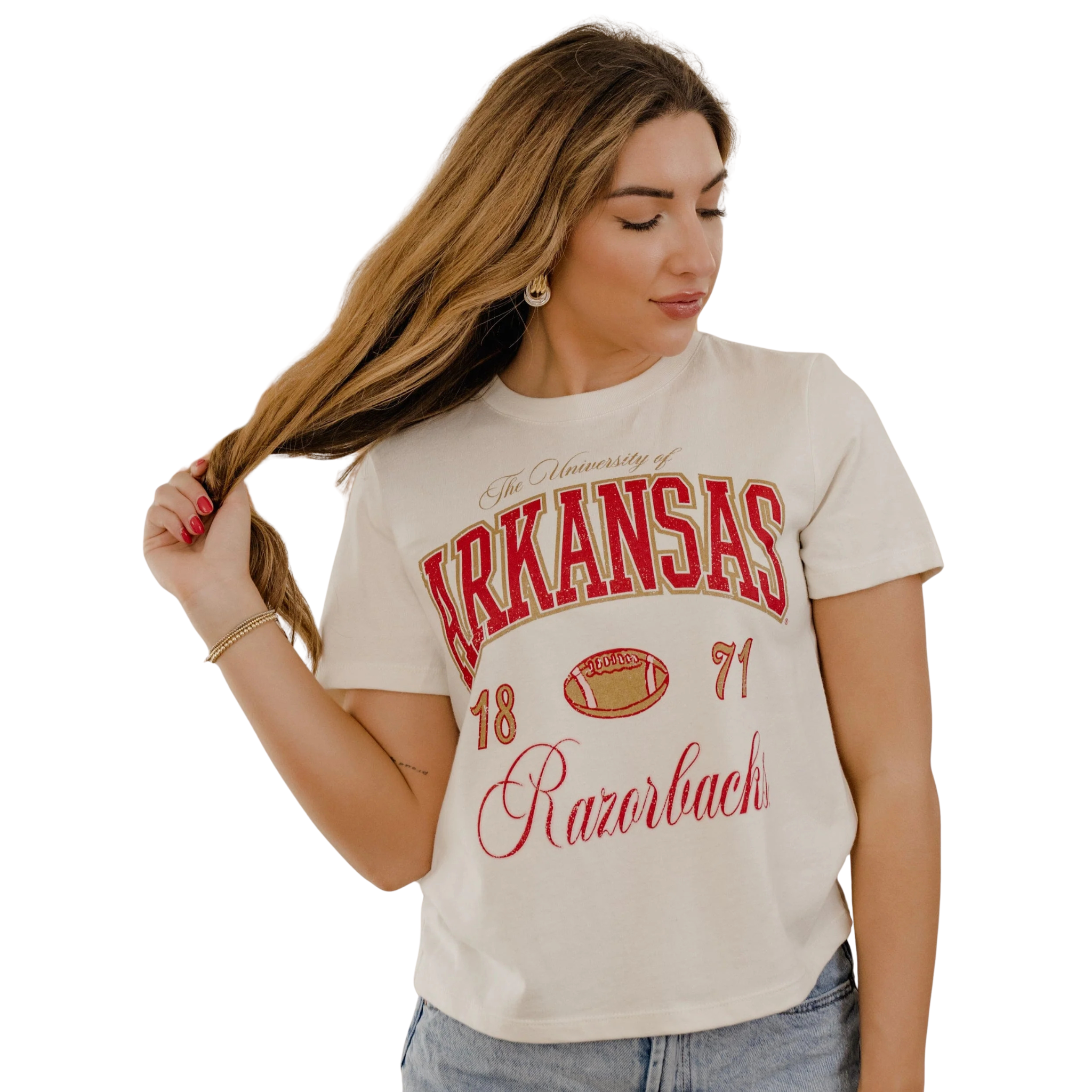 Vintage White Arkansas Razorbacks Wave Arch Ellie Perfect Tee-Fairley Fancy