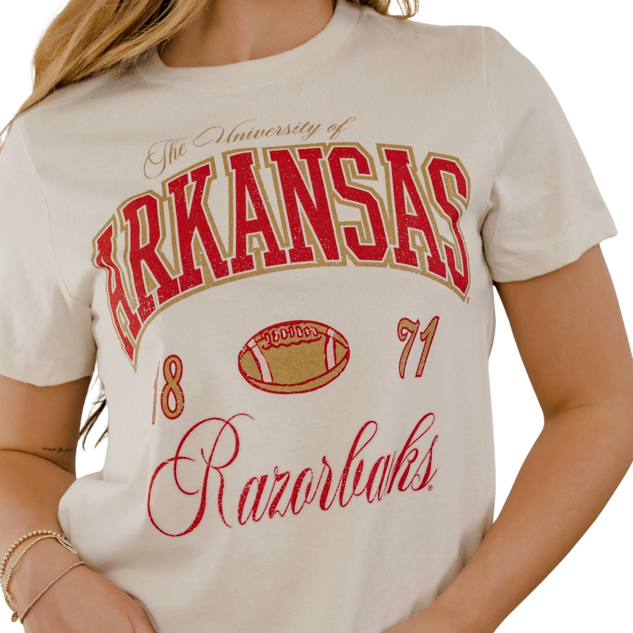 Vintage White Arkansas Razorbacks Wave Arch Ellie Perfect Tee-Fairley Fancy