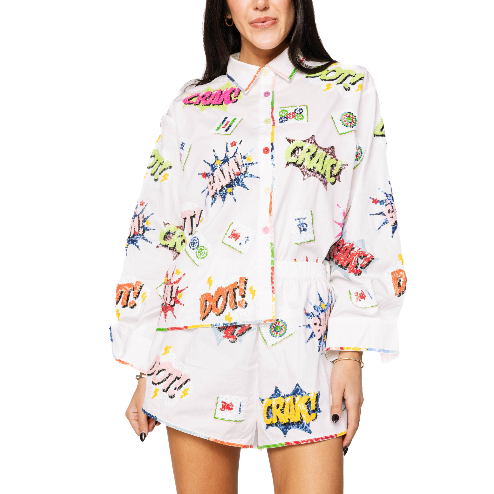 White Mahjong Icon Rainbow Trim Collared Top-Fairley Fancy