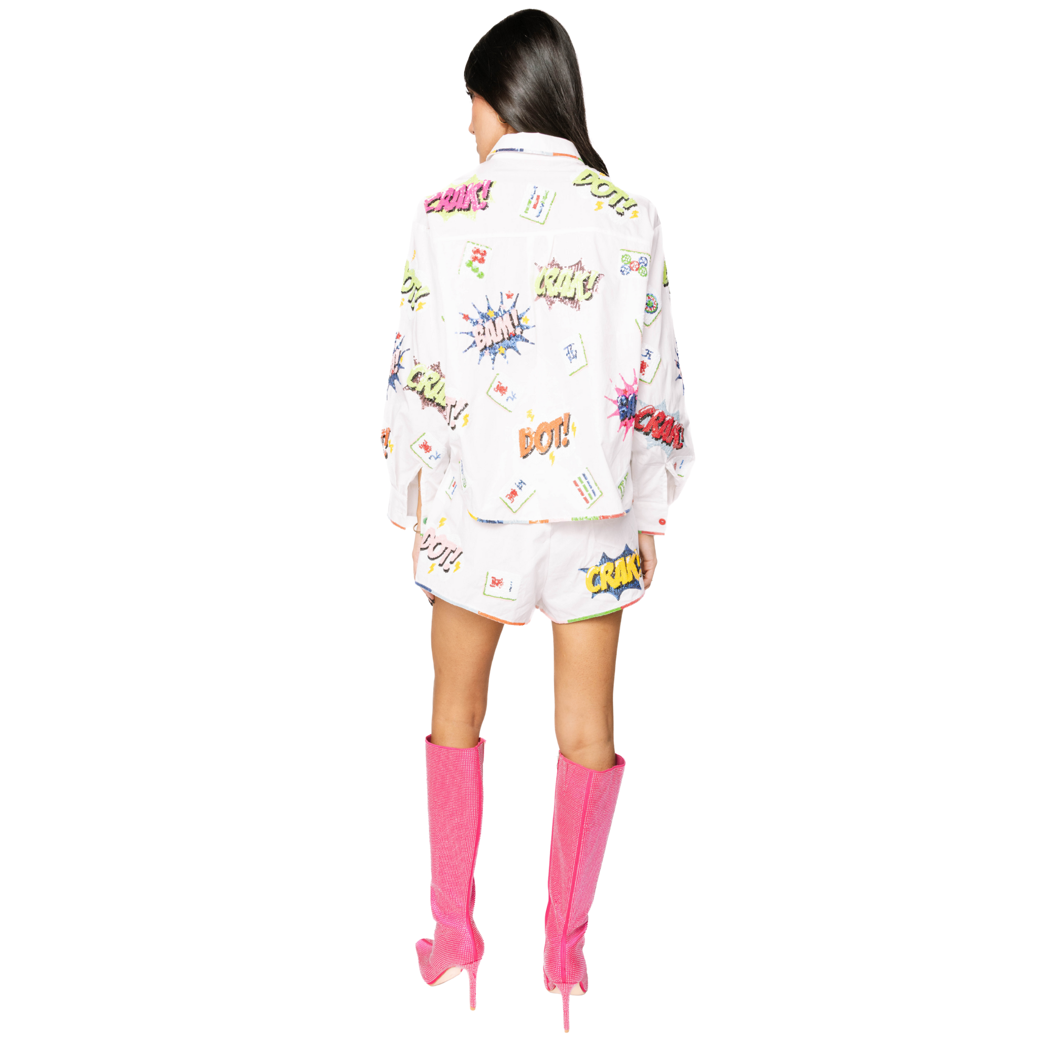 White Mahjong Icon Rainbow Trim Collared Top-Fairley Fancy