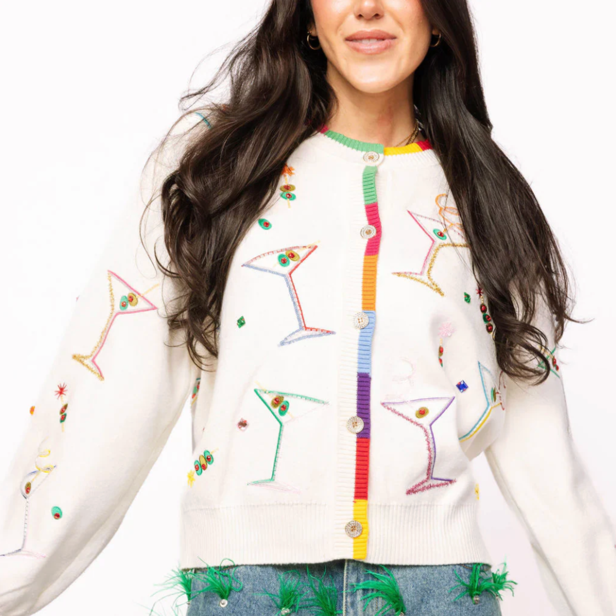 White Multi Cosmo & Martini Button Up Cardigan