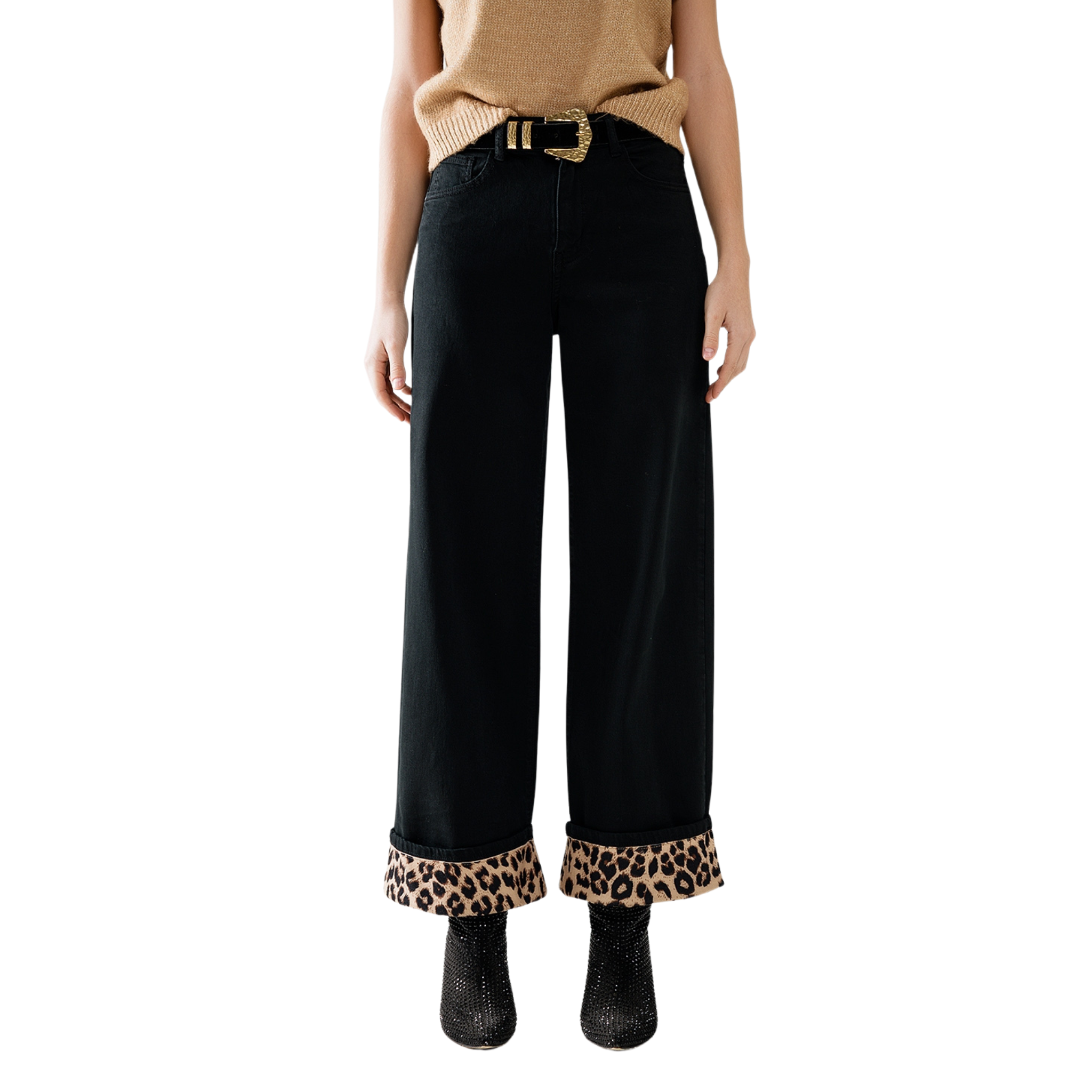 Wide Leg Black Pants with Leopard Print Cuffs-Fairley Fancy