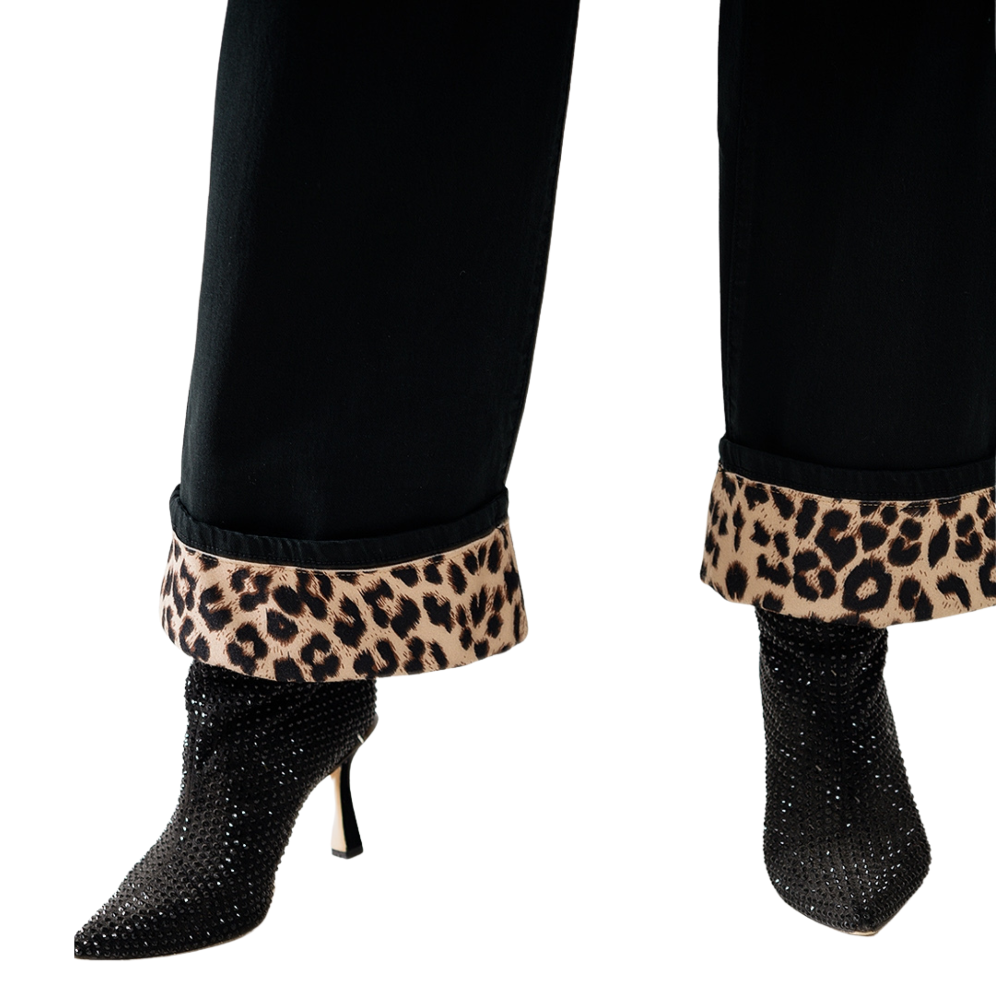 Wide Leg Black Pants with Leopard Print Cuffs-Fairley Fancy