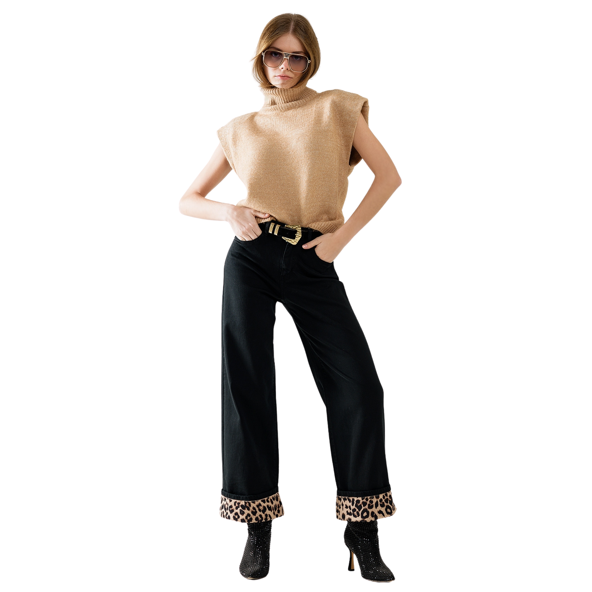 Wide Leg Black Pants with Leopard Print Cuffs-Fairley Fancy