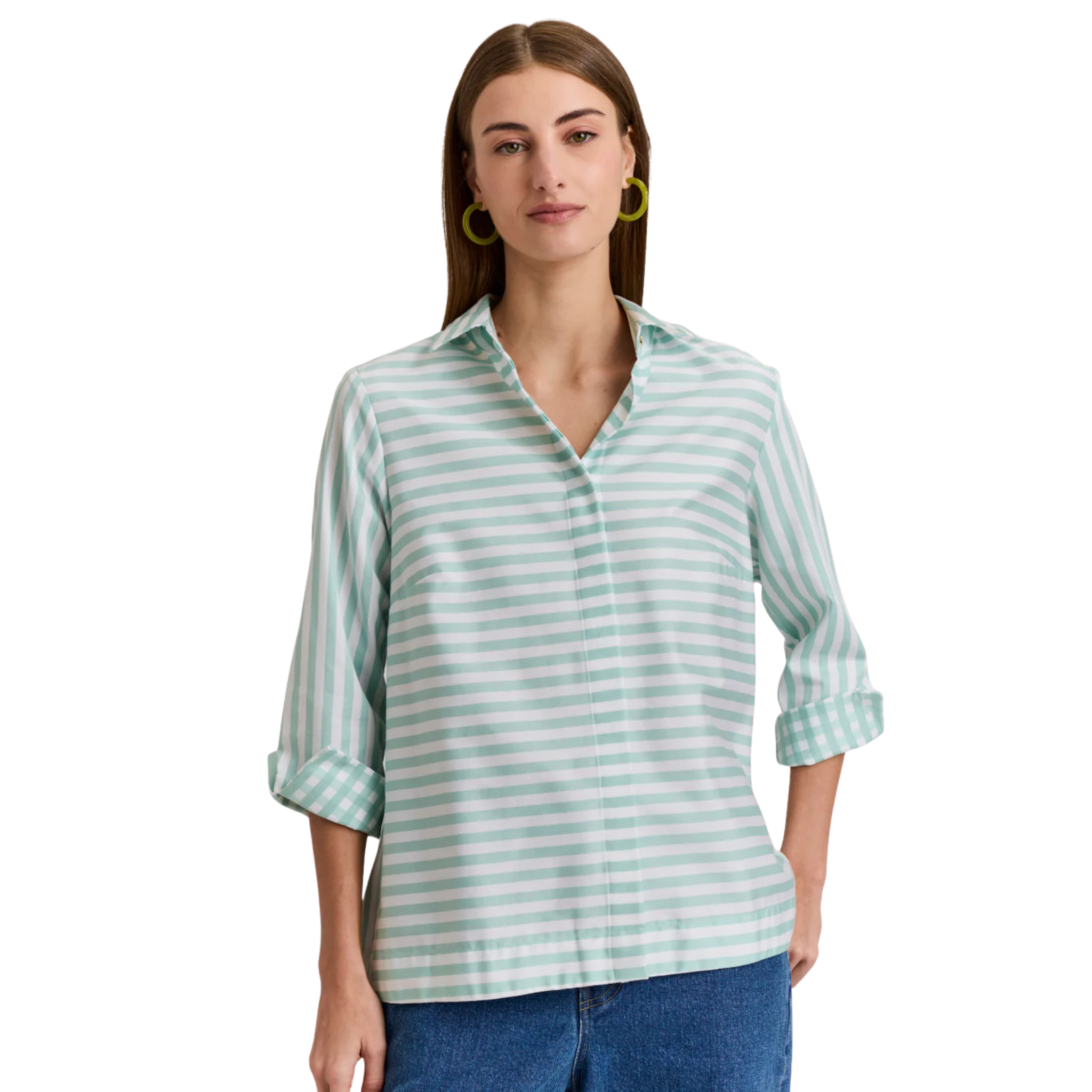 Xena 3/4 Sleeve Stripe/Gingham Combo Shirt in Sea Glass/White-Fairley Fancy