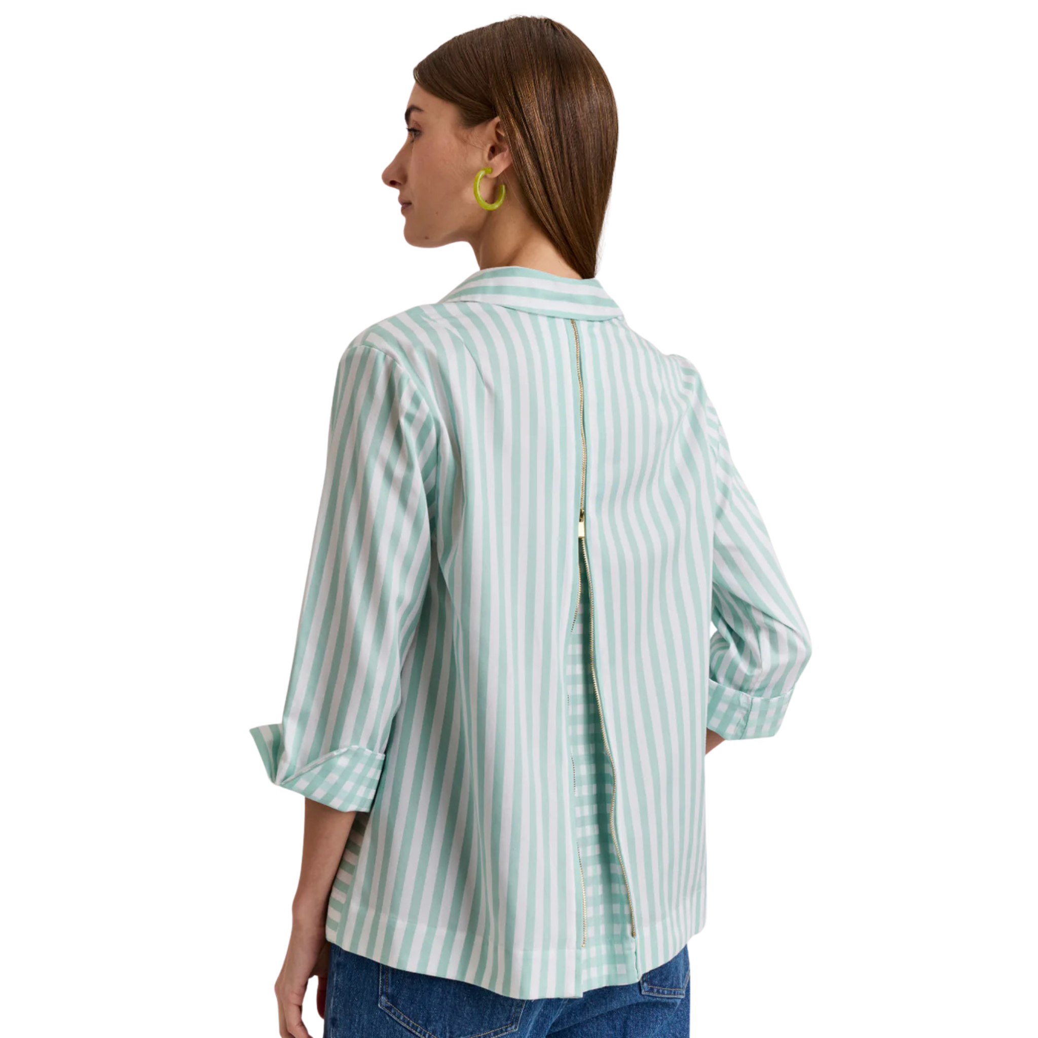 Xena 3/4 Sleeve Stripe/Gingham Combo Shirt in Sea Glass/White-Fairley Fancy