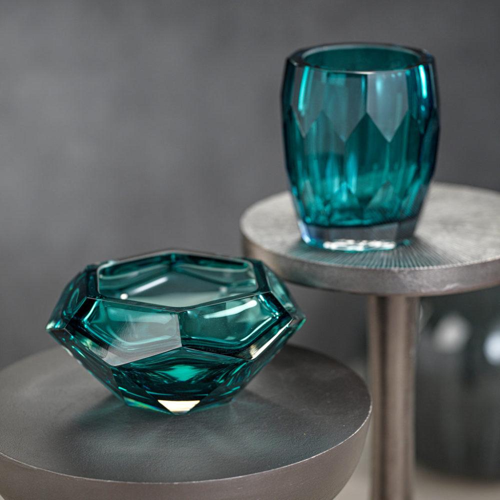 La Bohème Handmade Polished Cut Sea Blue Glass Bowl - fairley fancy