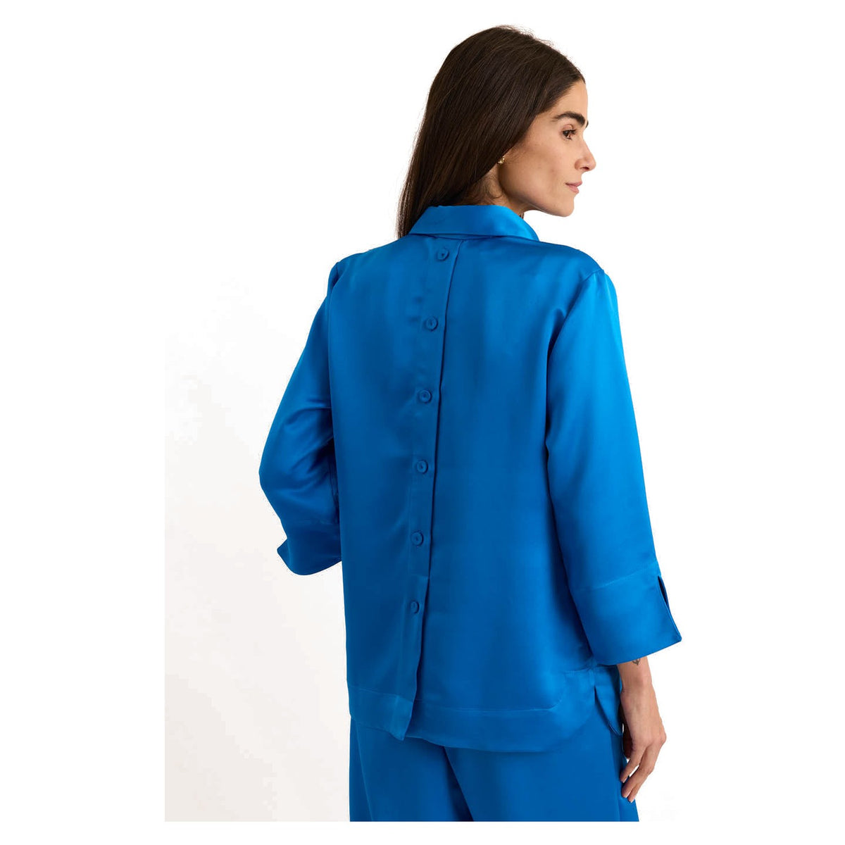 Aileen 3/4 Sleeve Liquid Satin Top in Ocean Blue - Fairley Fancy