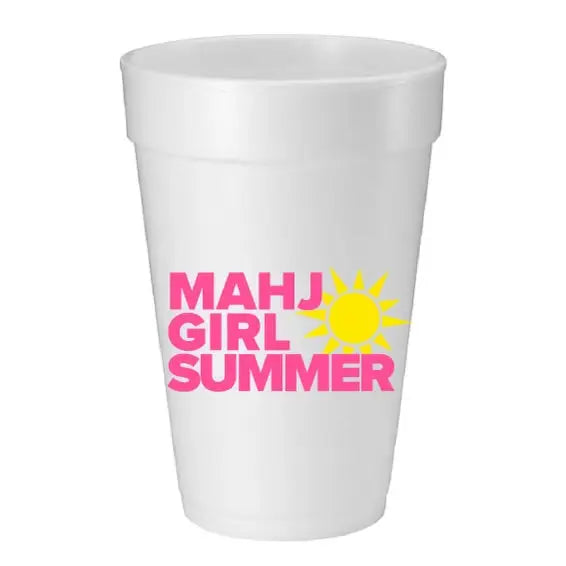 White styrofoam cup with 'MAHJ GIRL SUMMER' text and sun graphic on a white background