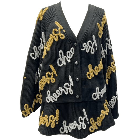 Black, Silver & Gold Cheers All Over Glitter Script Cardigan - Fairley Fancy 