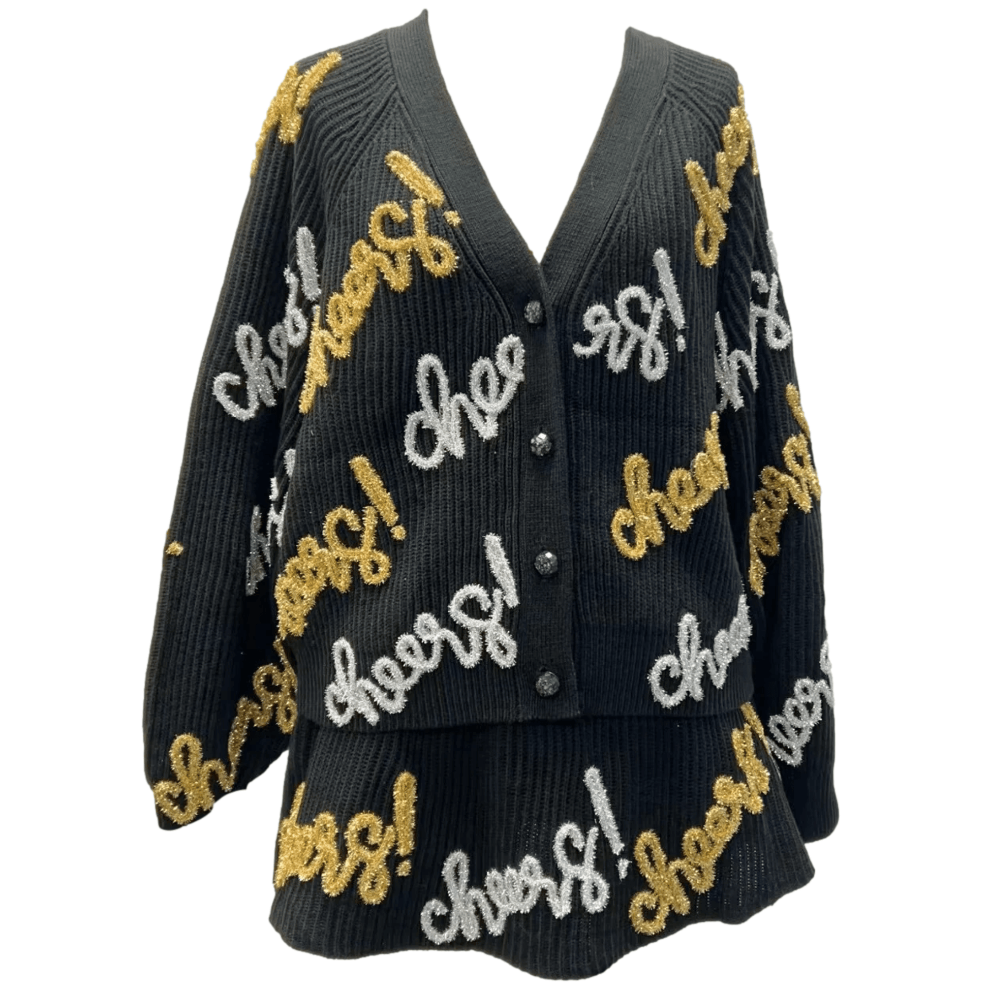 Black, Silver & Gold Cheers All Over Glitter Script Skirt - Fairley Fancy 