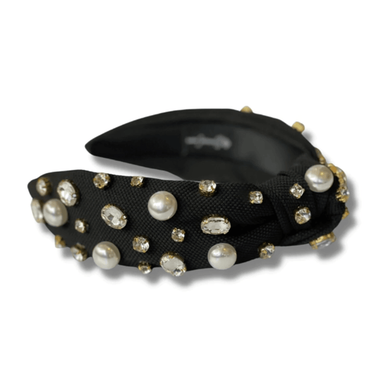 Black Twill Headband with Large Pearls and Crystals - Fairley Fancy 