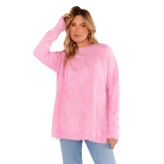 Bonfire Sweater Pink Fuzzy Knit - Fairley Fancy 