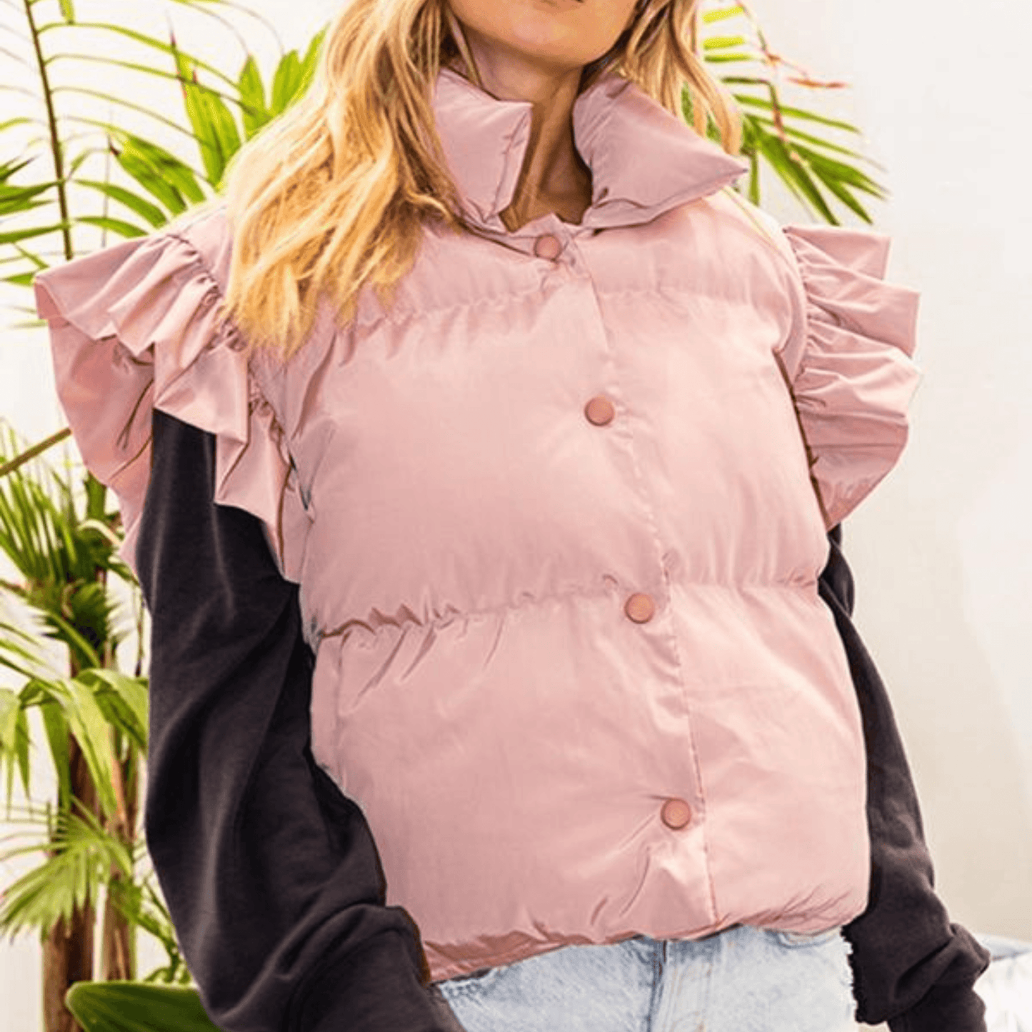 Cropped Down Puffer Vest with Ruffle Sleeve - Fairley Fancy 