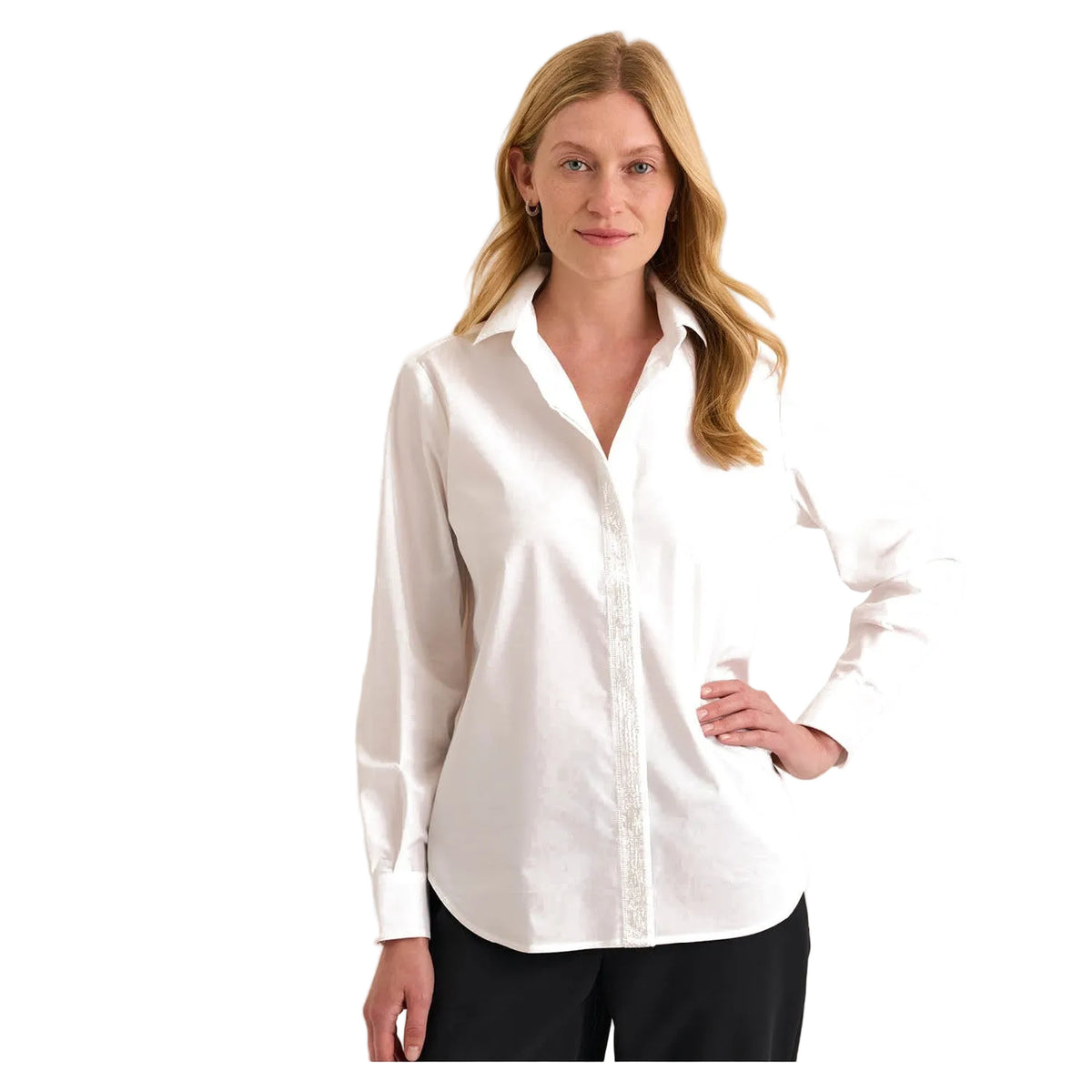 Esther Long Sleeve Sequin Trim Shirt in White - Fairley Fancy