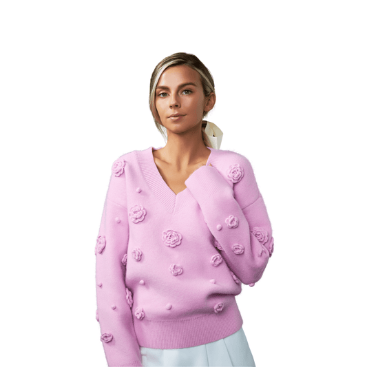 Flower V-Neckline Sweater in Pink - Fairley Fancy 