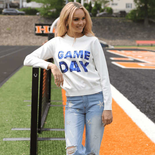 Game Day Knit Sweater in Blue & White - Fairley Fancy 