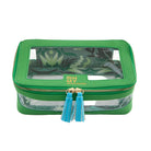 Green travel pouch with clear front panel and blue tassels on a white background