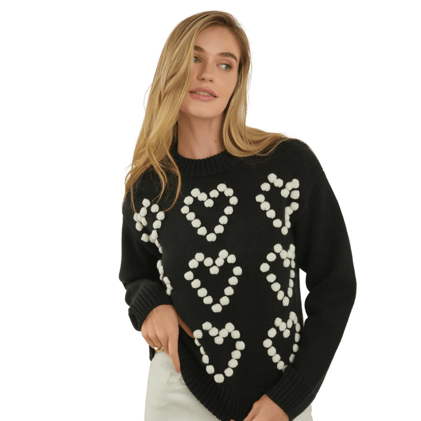 Heart Pom Sweater in Black and Ivory - Fairley Fancy 