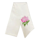 An off-white satin or silk church veil featuring an embroidered pink hydrangea with green leaves on the right side, displayed against a solid white background.