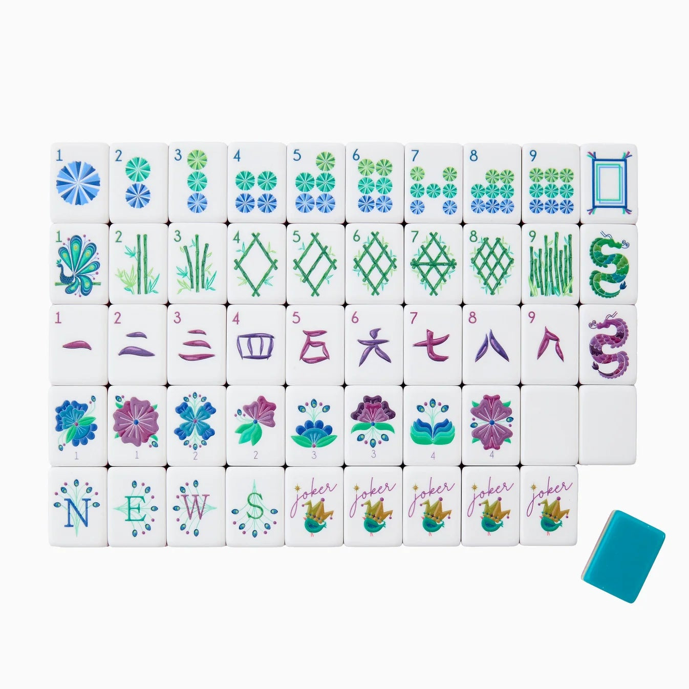 Set of colorful Mahjong tiles with a blue tile on a white background