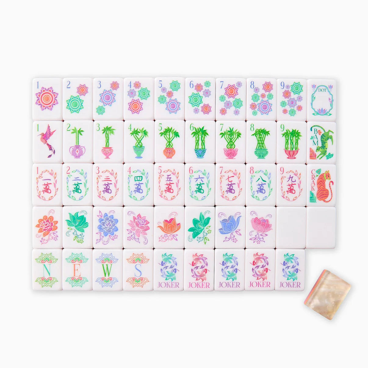 Set of colorful rubber stamps with various designs on a white background