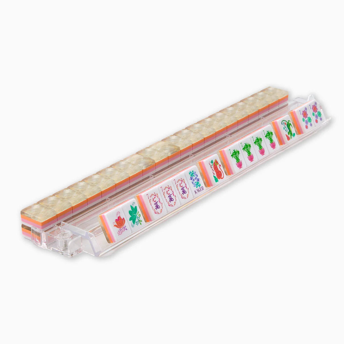 Rectangular container with colorful labels on a white background
