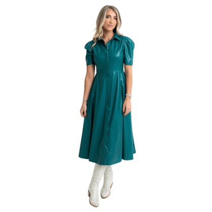 Pleather Midi Shirt Dress in Teal - Fairley Fancy 