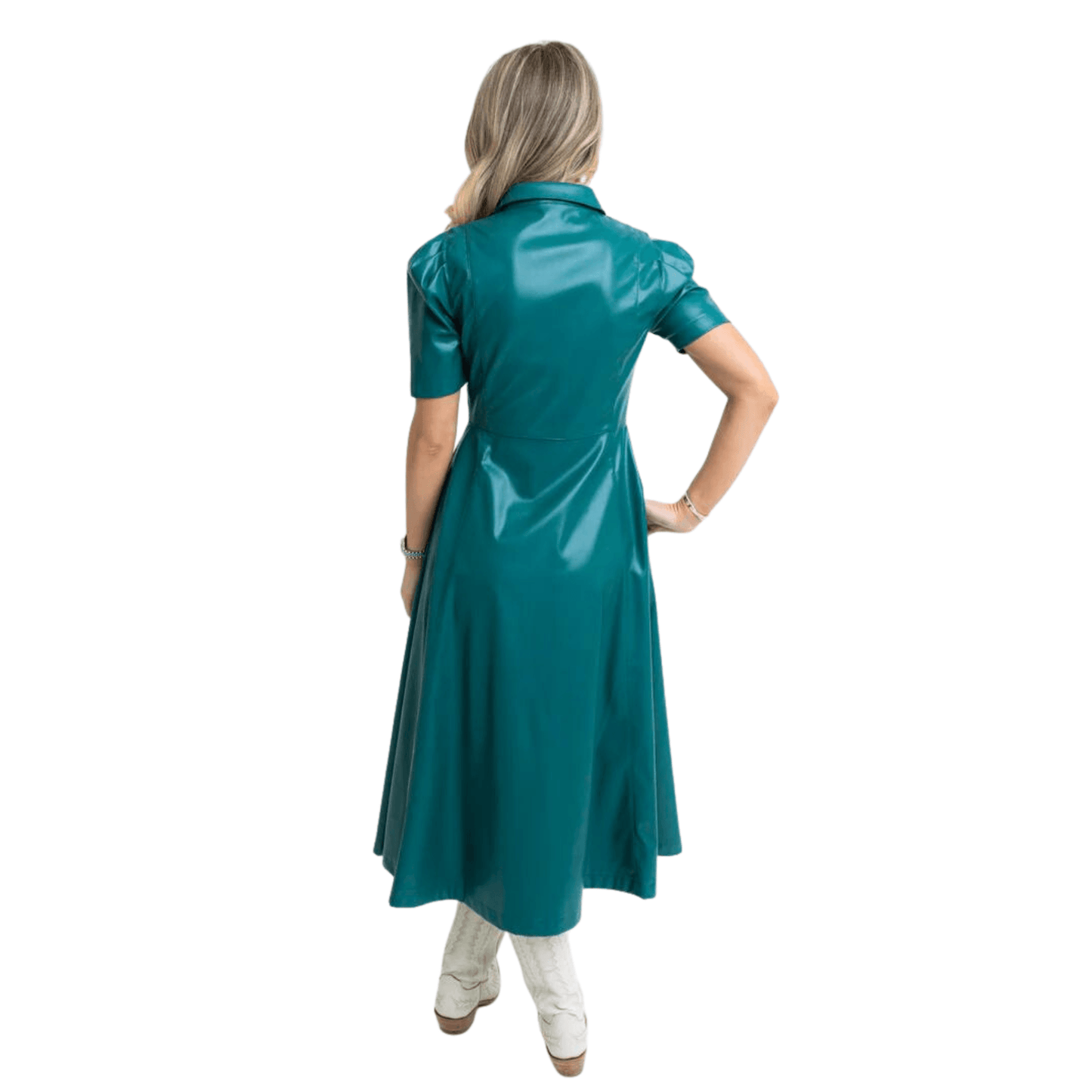 Pleather Midi Shirt Dress in Teal - Fairley Fancy 