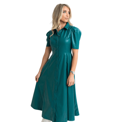 Pleather Midi Shirt Dress in Teal - Fairley Fancy 