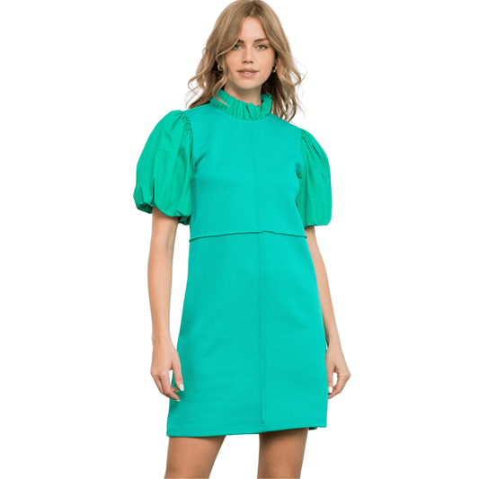 Poplin Sleeve Textured Dress in Green - Fairley Fancy 