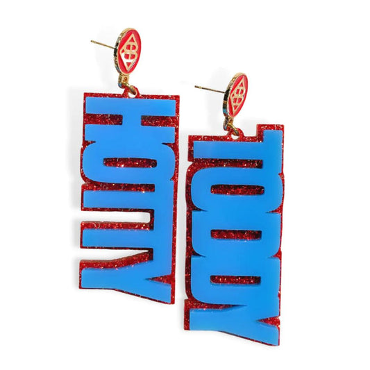 Powder Blue and Red Glitter HOTTY TODDY Earrings - Fairley Fancy 